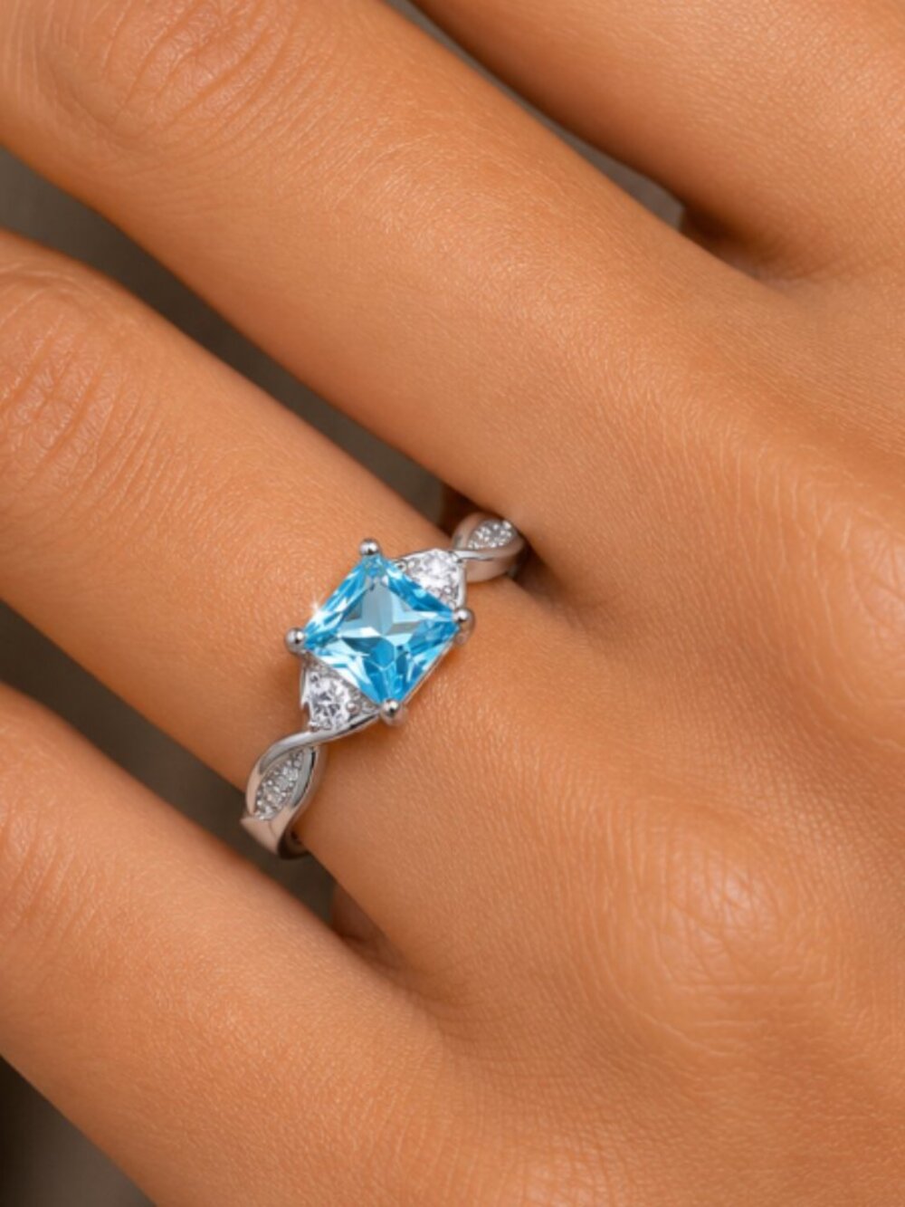 NEW 14k White Gold Blue Topaz Diamond Ring Princess Cut